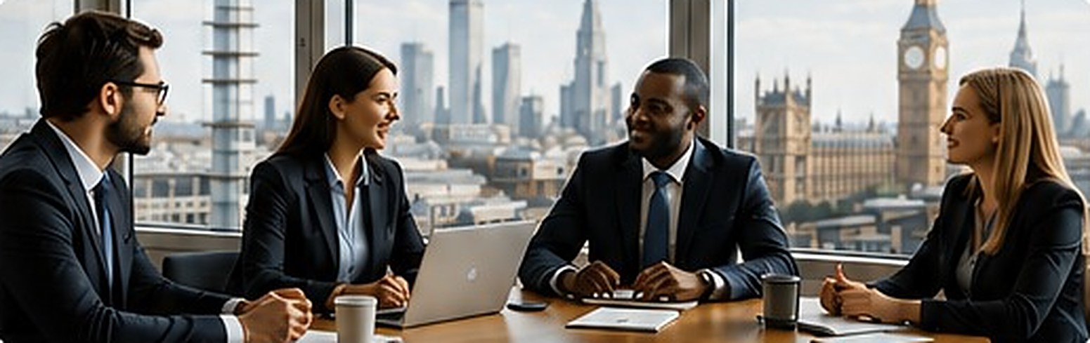 Professionals in a meeting with the London skyline behind them